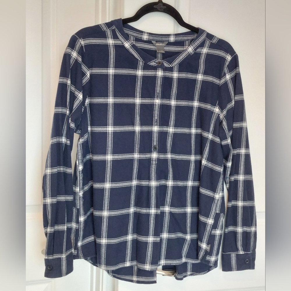 Eddie Bauer Womens Popover Top Sz Large Blue White Long Sleeve Cotton